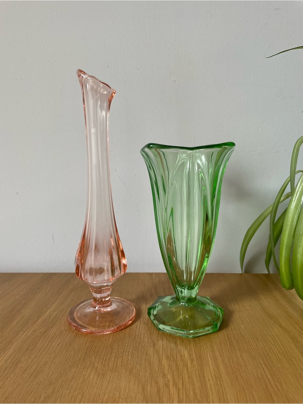 Vintage Art Glass Vase Pair Green Uranium Tulip Vase & Pink Swung Bud Vase
